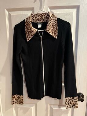 VENUS Black Cardigan with Leopard Print Collar and Cuffs NWOT